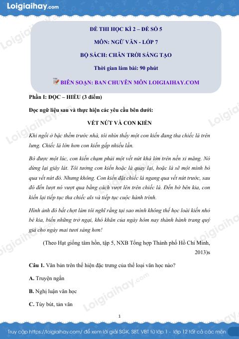 Đề thi học kì 2 Văn 7 Chân trời sáng tạo - Đề số 5